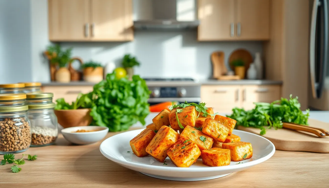 Dish of home style tofu in a modern kitchen.