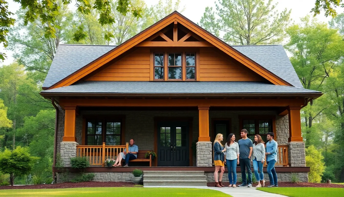 Craftsman-style home with family enjoying the porch and nature.