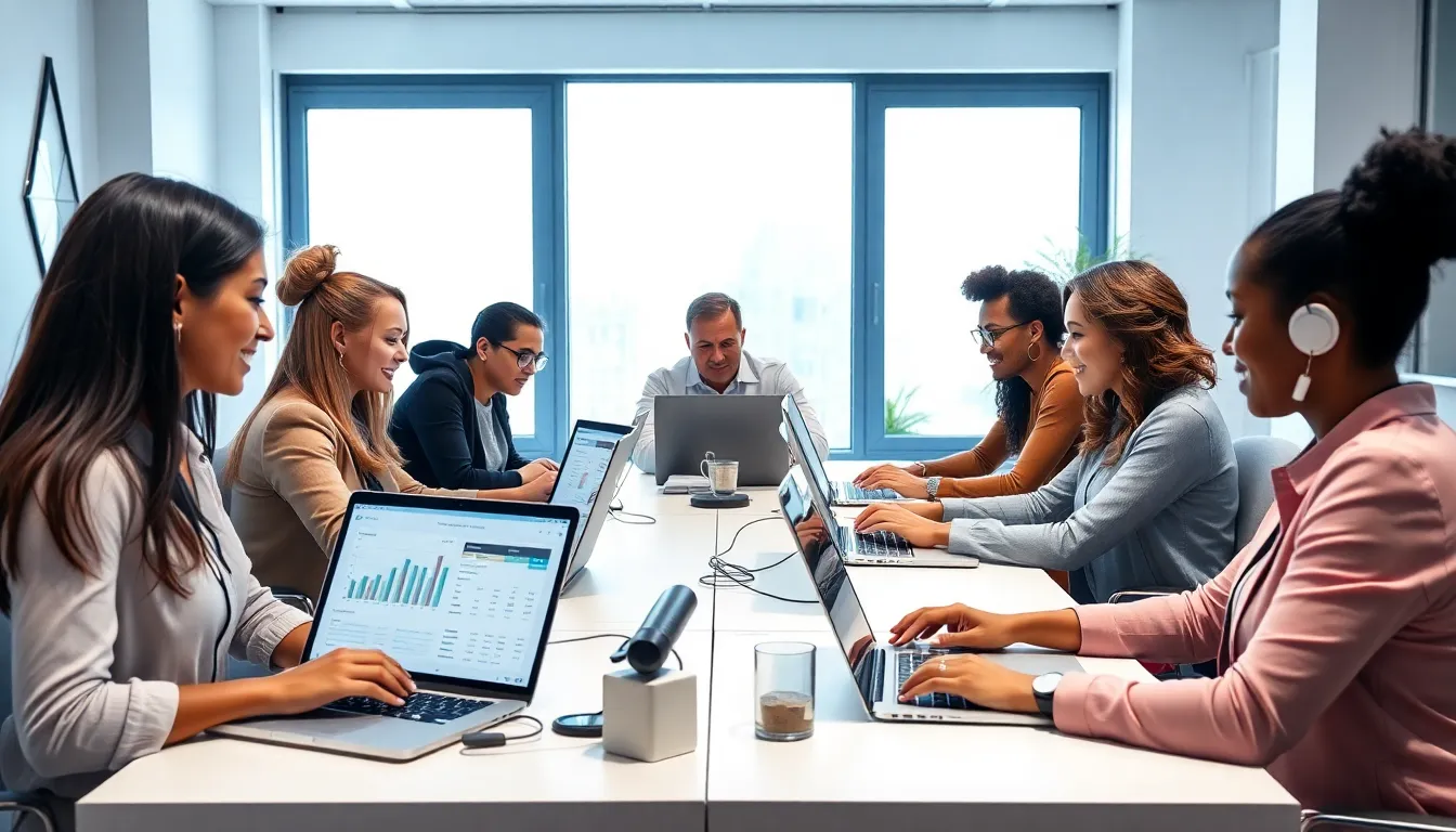diverse virtual assistants collaborating in a modern workspace.