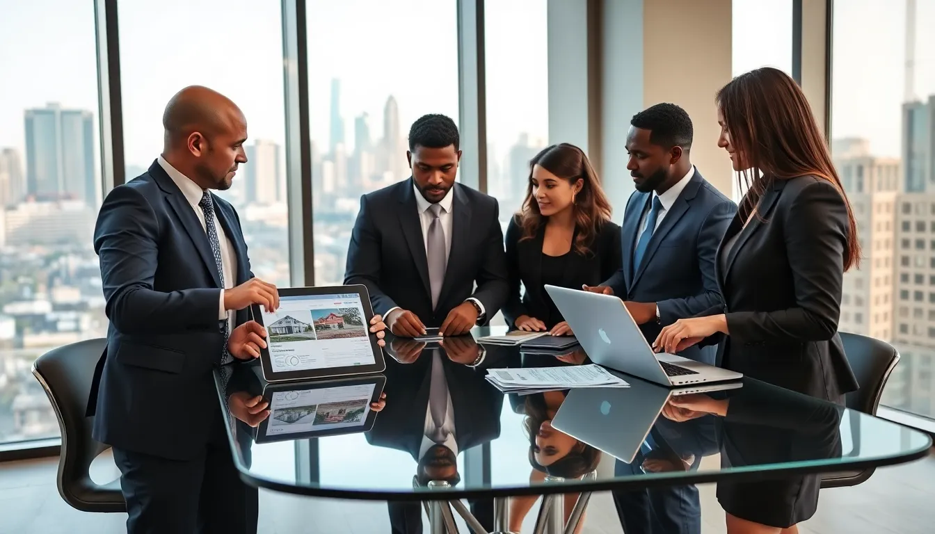 diverse real estate agents collaborating in a modern Atlanta office setting.