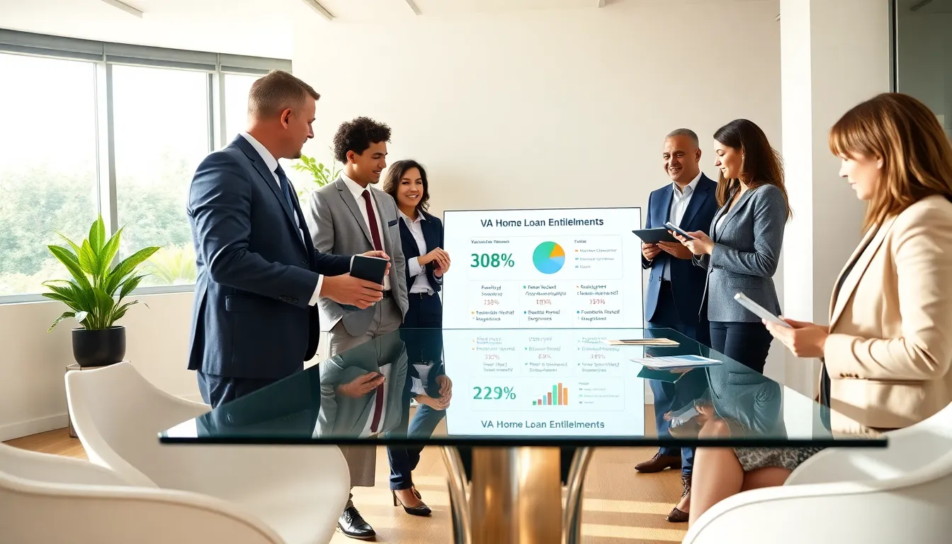 diverse professionals discussing VA home loan options in a modern office.