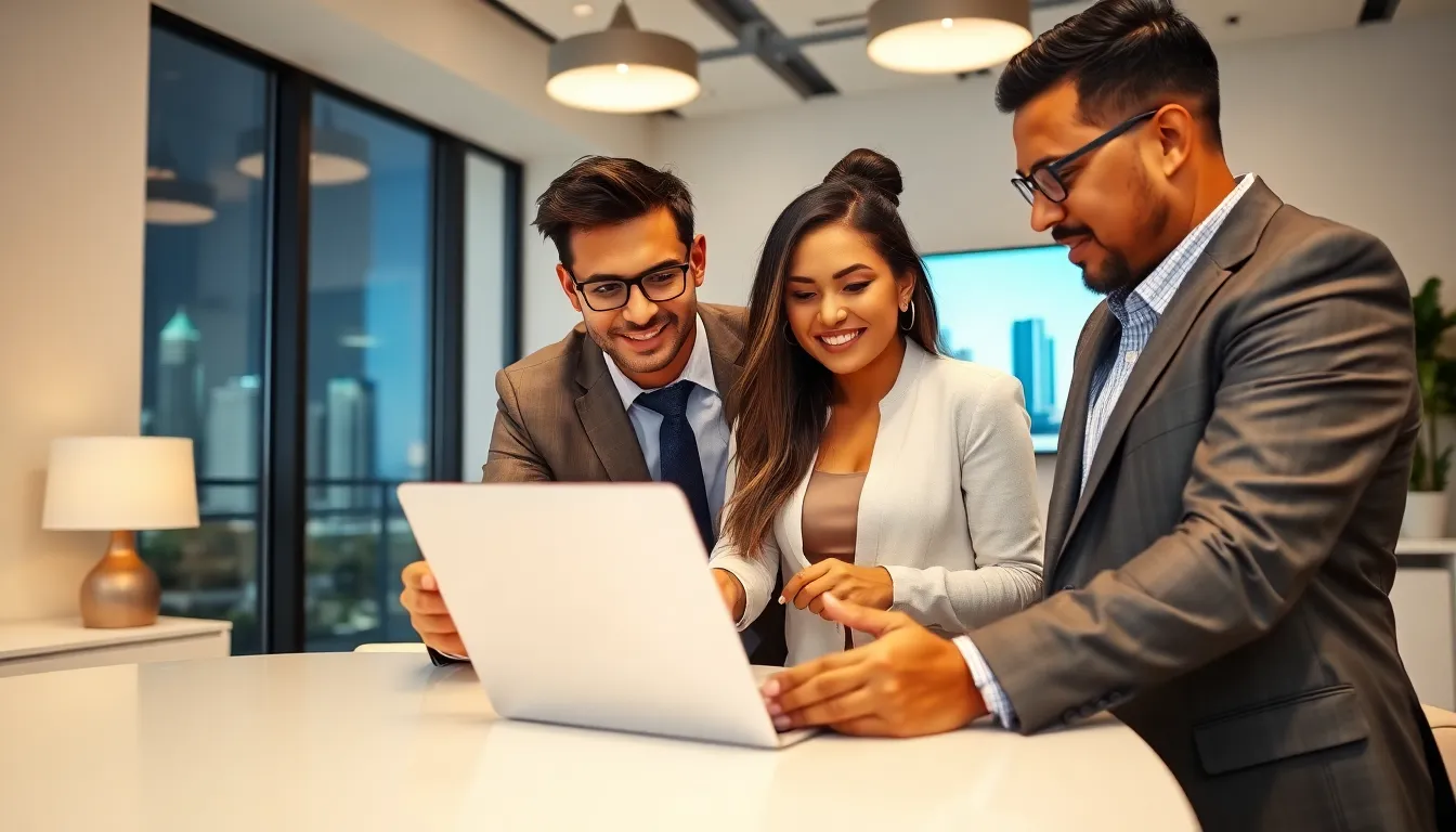 real estate agent guiding clients in a modern office setting.
