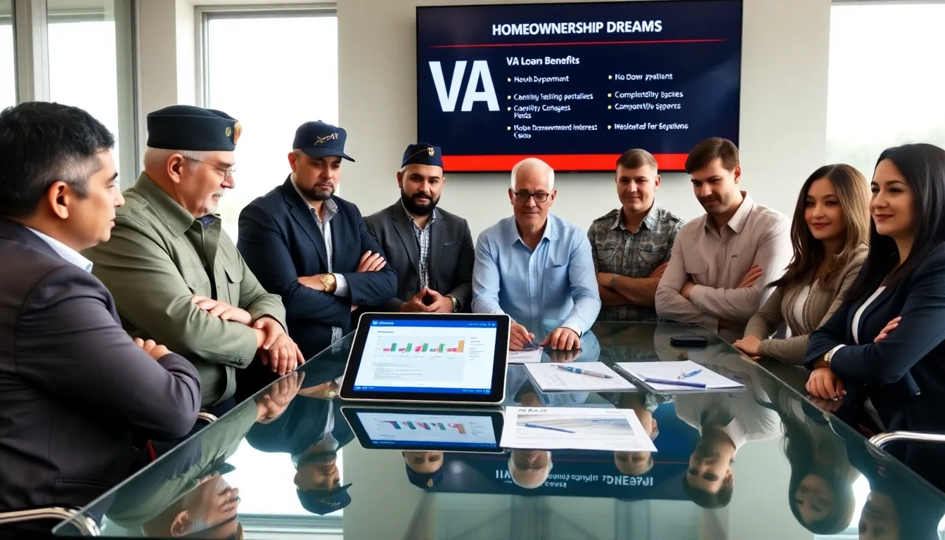 diverse group discussing VA loans in a modern office.