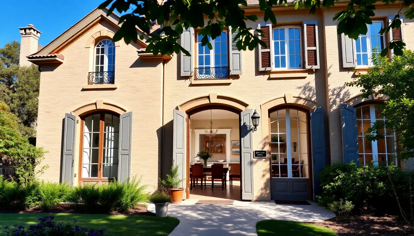 French style home with arched windows and a beautiful garden.
