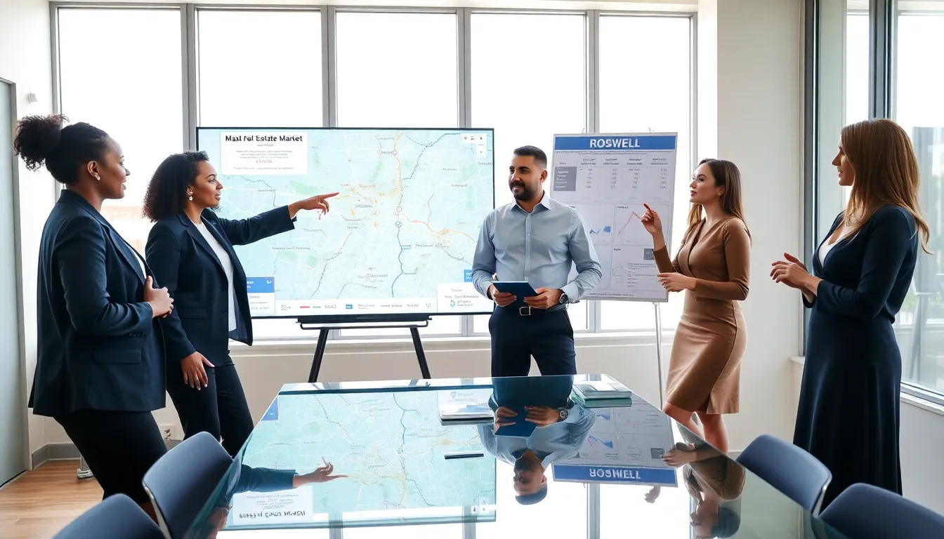 diverse real estate agents discussing property trends in a modern office.