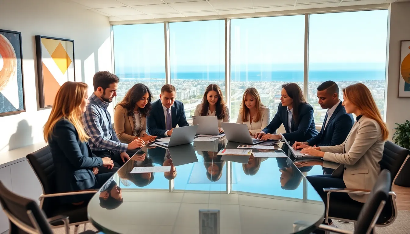 diverse real estate team collaborating in a modern office setting.