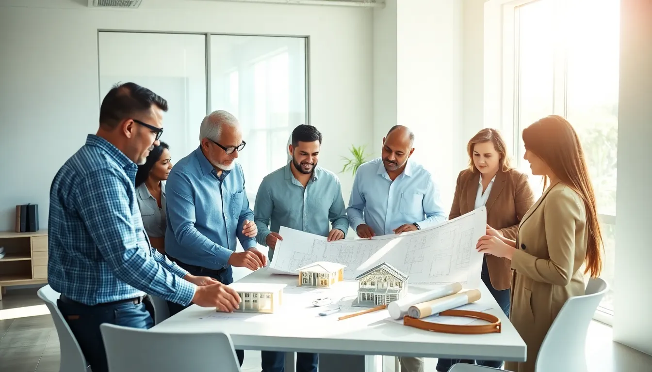 diverse team discussing new home construction plans in a modern office.