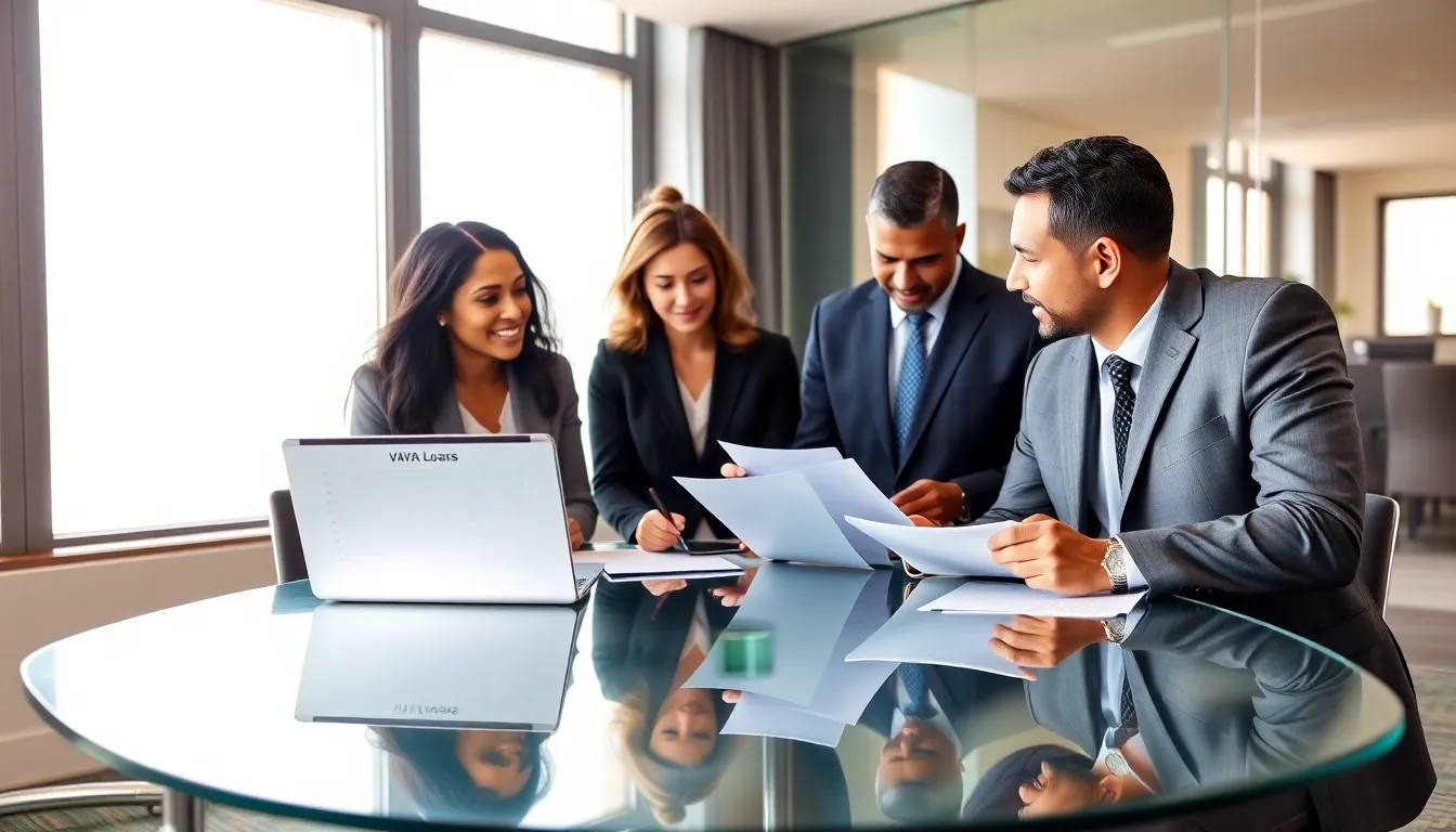diverse professionals discussing VA loans in a modern office.