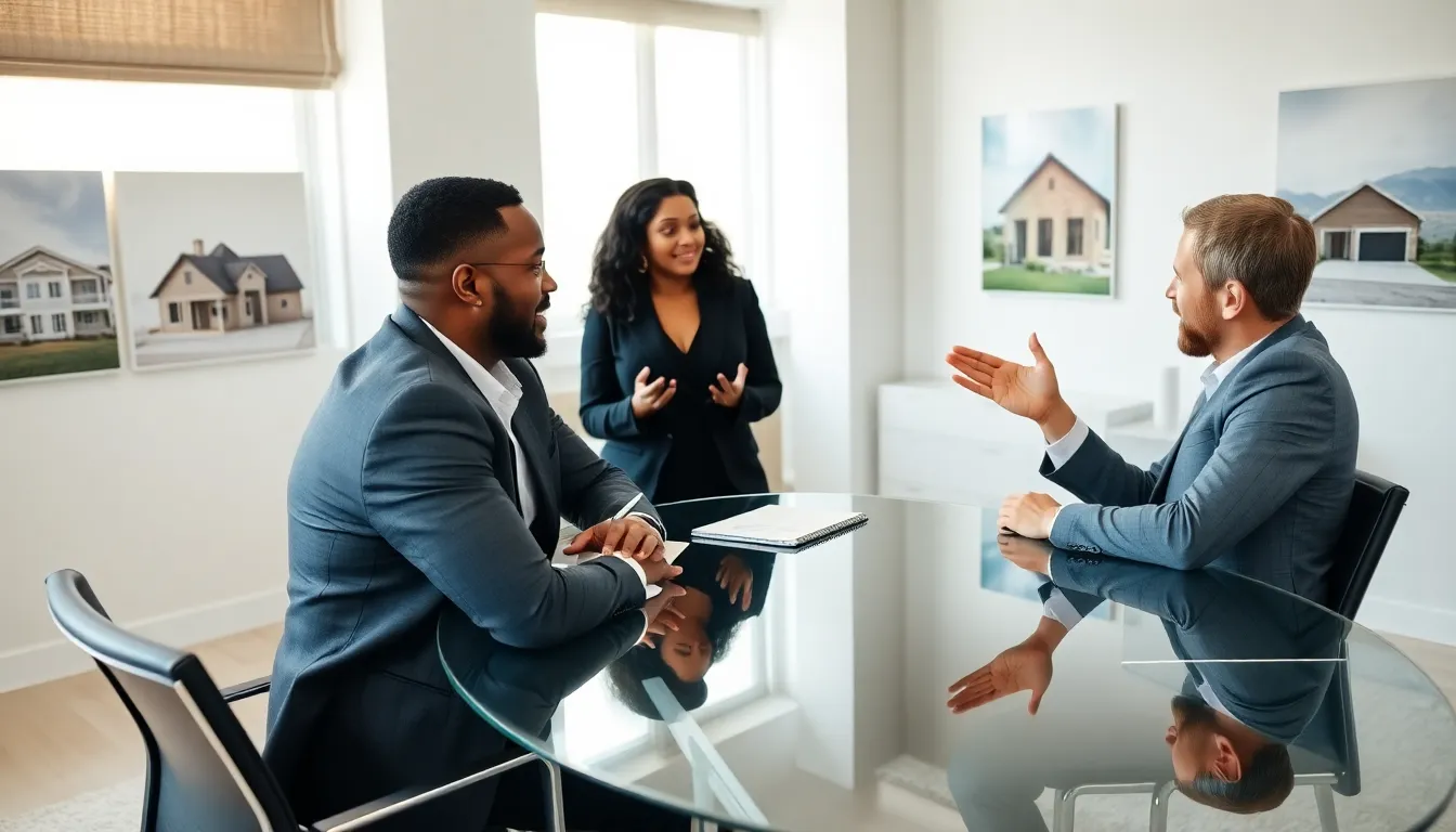 real estate agent engaging with clients in a modern office.