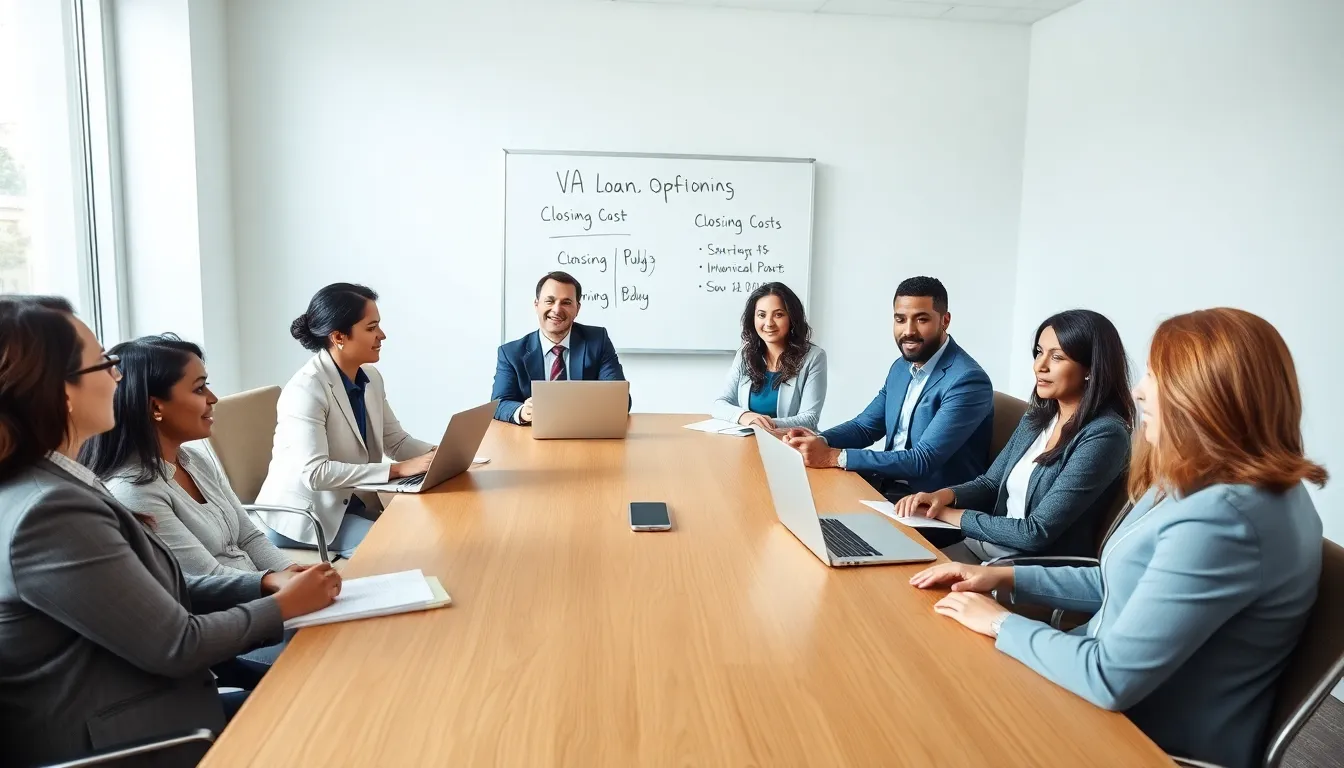 diverse team discussing VA loan closing costs in a modern office.