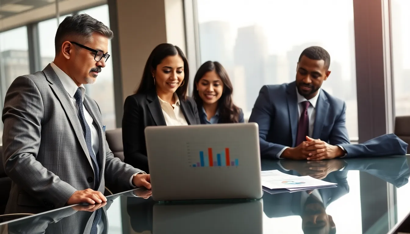 diverse professionals discussing VA loans in a modern office.