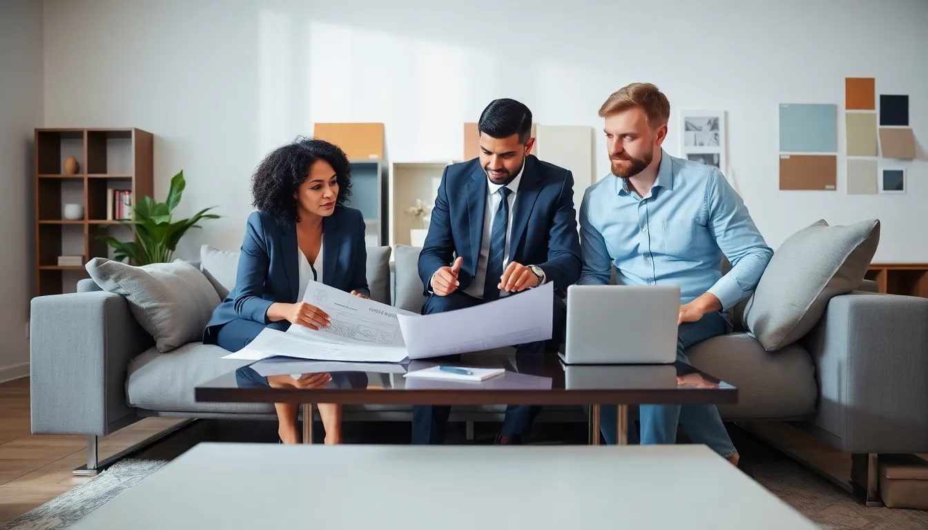 diverse professionals collaborating on home renovation plans in a modern setting.