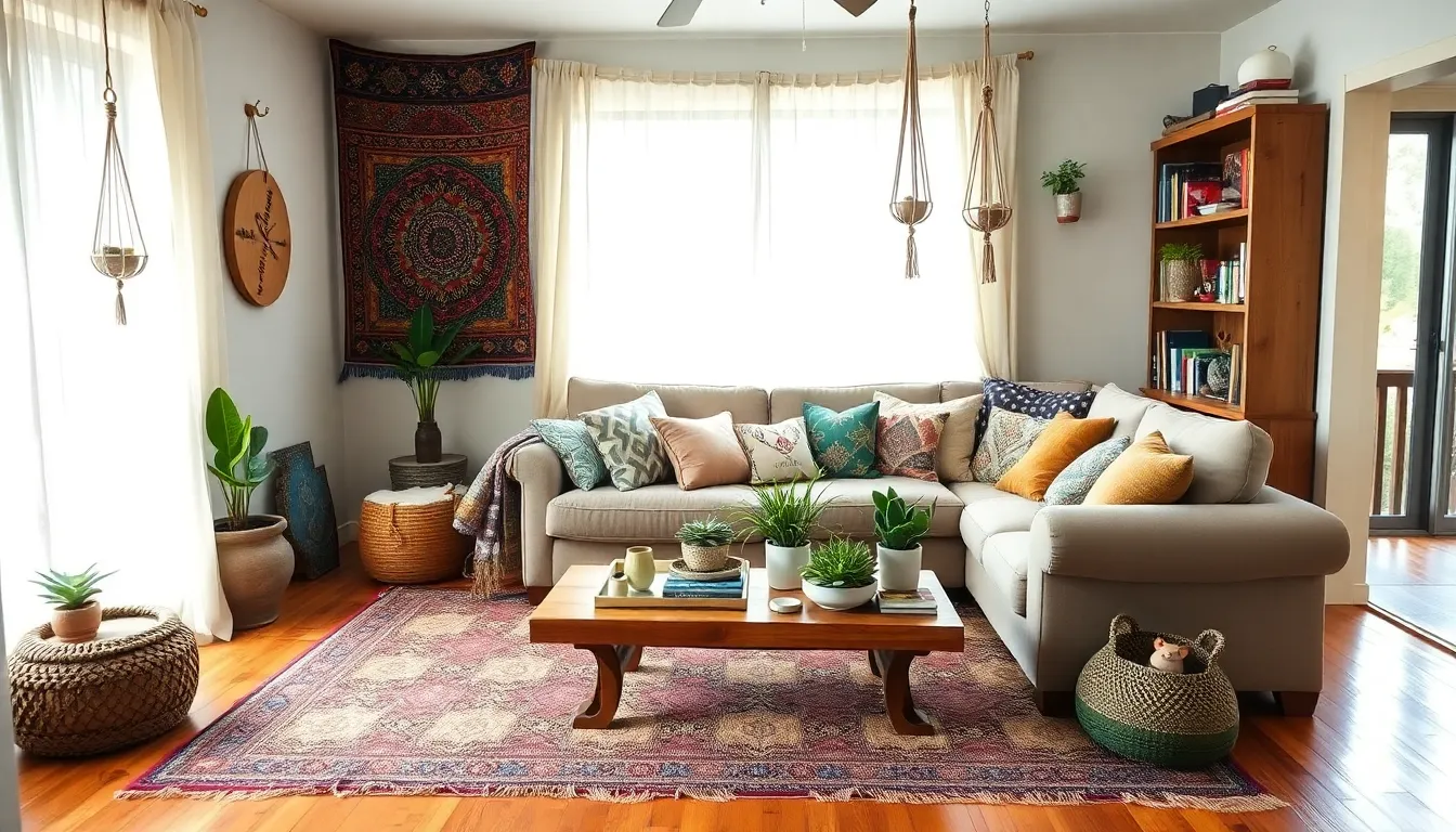bohemian style living room with eclectic decor and soft lighting.