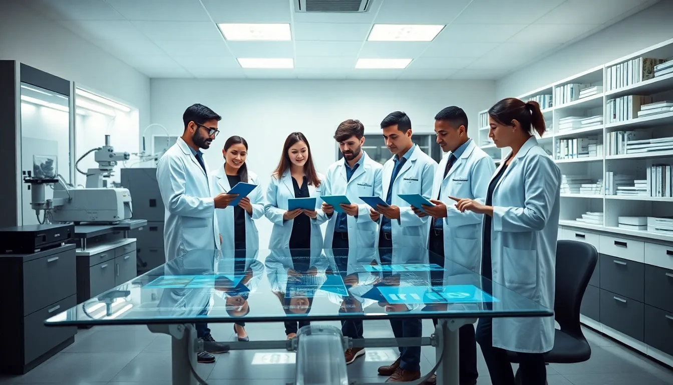 diverse team of researchers discussing Tegralane in a modern lab.