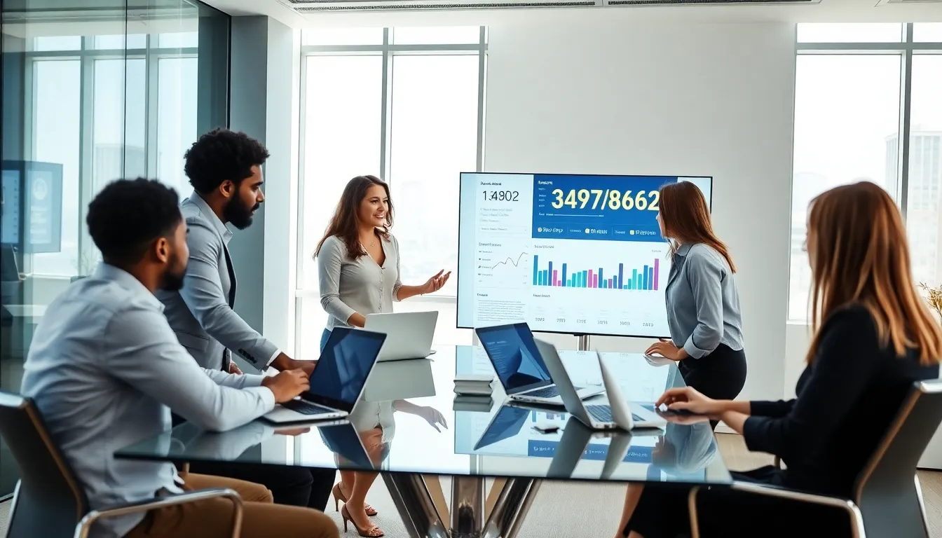 diverse team discussing data in a modern office setting.